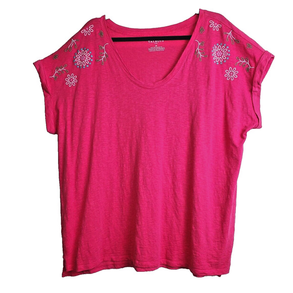 Talbots 2X Womens Plus Size T-shirt Top EMBROIDERED Pink Short Sleeve Cotton - Picture 1 of 9